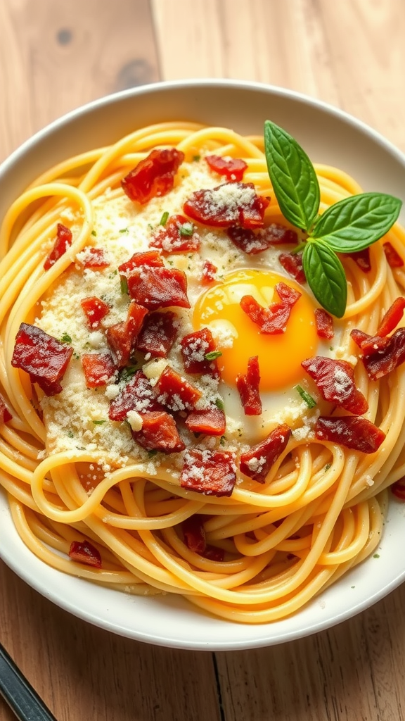 A bowl of spaghetti carbonara topped with pancetta, egg yolk, and herbs