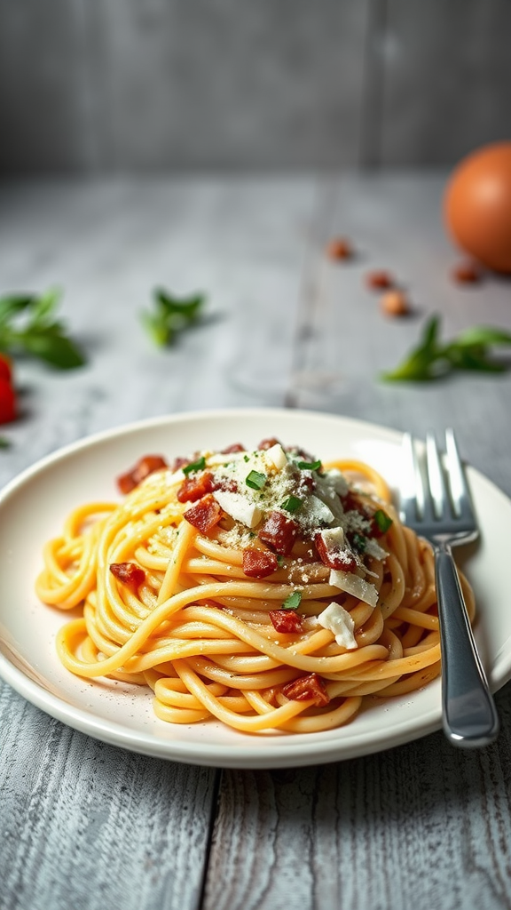 Plate of spaghetti carbonara topped with cheese and herbs