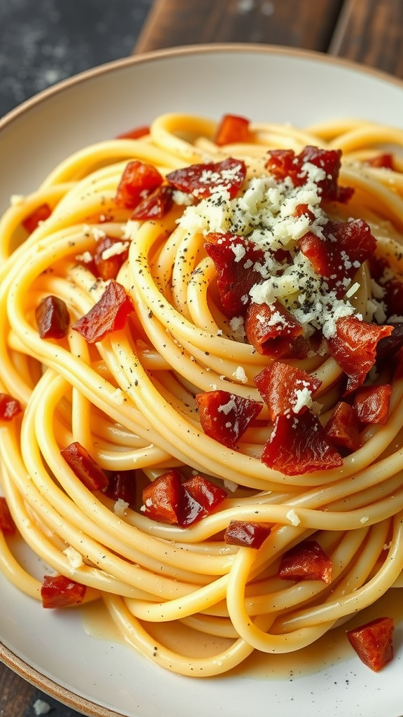 A plate of spaghetti carbonara with crispy pancetta and grated cheese.