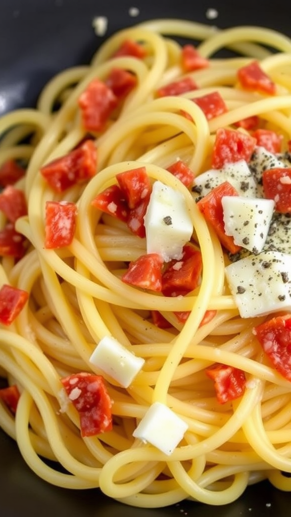 A plate of spaghetti carbonara topped with diced tomatoes and cheese.