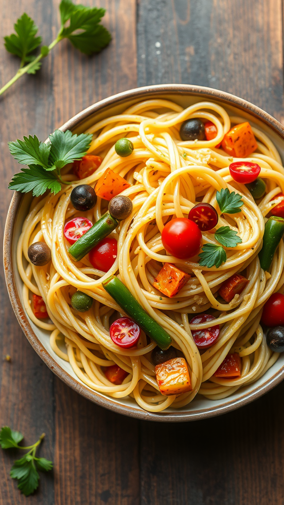 A bowl of spaghetti primavera with colorful vegetables like cherry tomatoes and green beans.