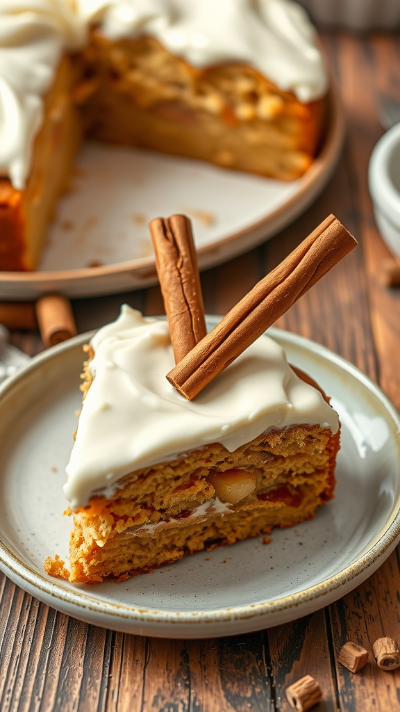 Slice of spiced apple cake with cream frosting and cinnamon sticks on top