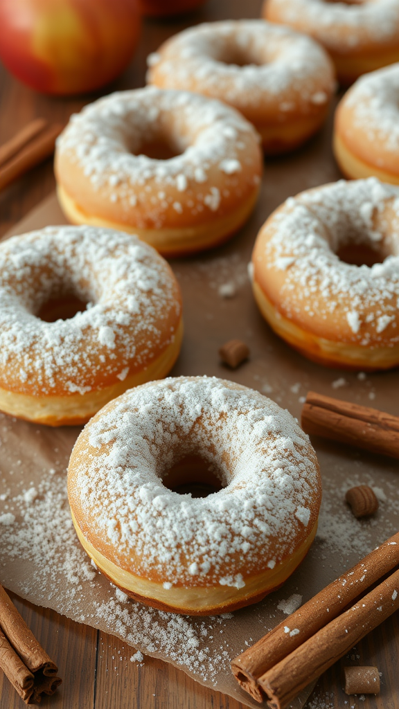 Freshly made spiced apple cider donuts, dusted with powdered sugar, surrounded by apples and cinnamon sticks.