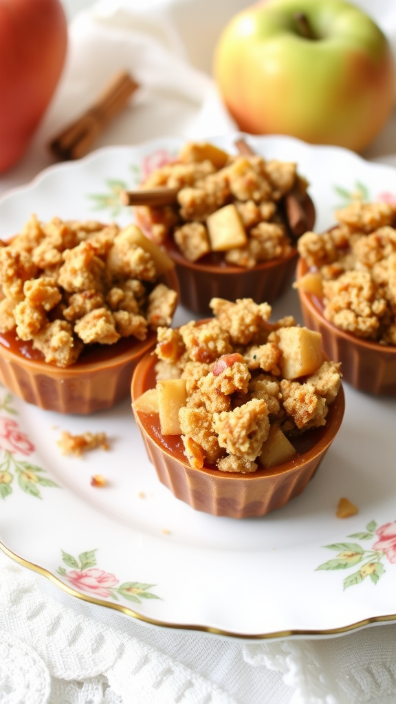 Delicious spiced apple crumble cups on a floral plate, garnished with apple slices and cinnamon sticks.