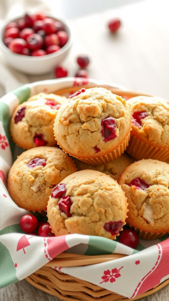 A basket of freshly baked spiced cranberry muffins with a bowl of cranberries in the background.
