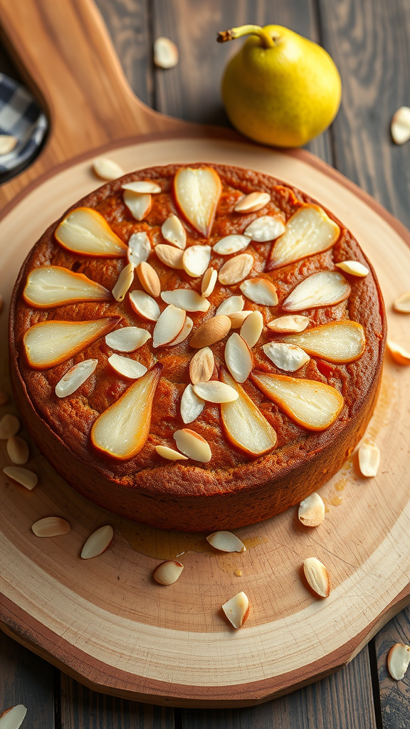 A spiced pear and almond cake decorated with pear slices and almonds, placed on a wooden cutting board with a fresh pear beside it.