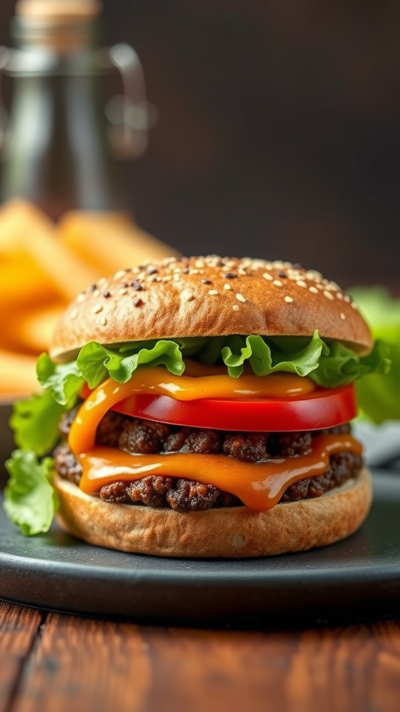 A delicious spicy black bean burger with lettuce, tomato, and cheese on a sesame seed bun.