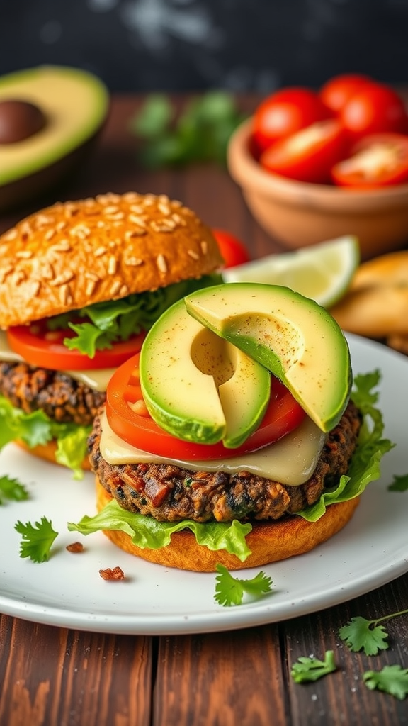 Spicy black bean burger with avocado and tomatoes on a plate