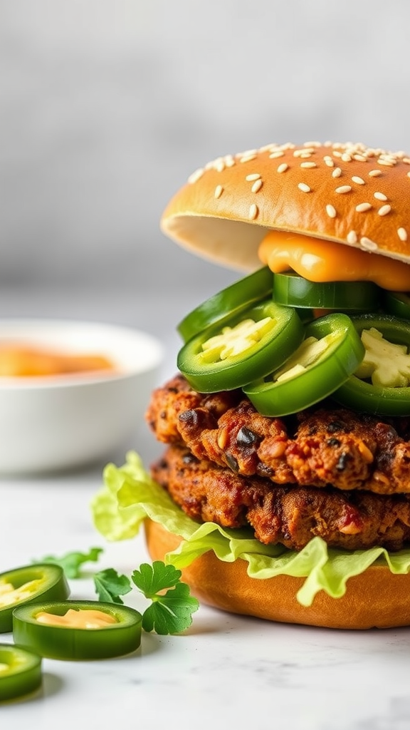 A spicy black bean burger stacked high with jalapeños and creamy sauce, served on a sesame seed bun.
