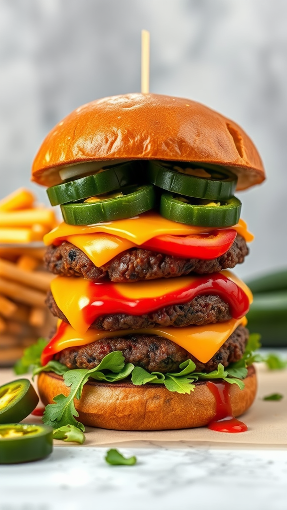 A delicious spicy black bean burger stacked with cheese, jalapeños, and fresh greens