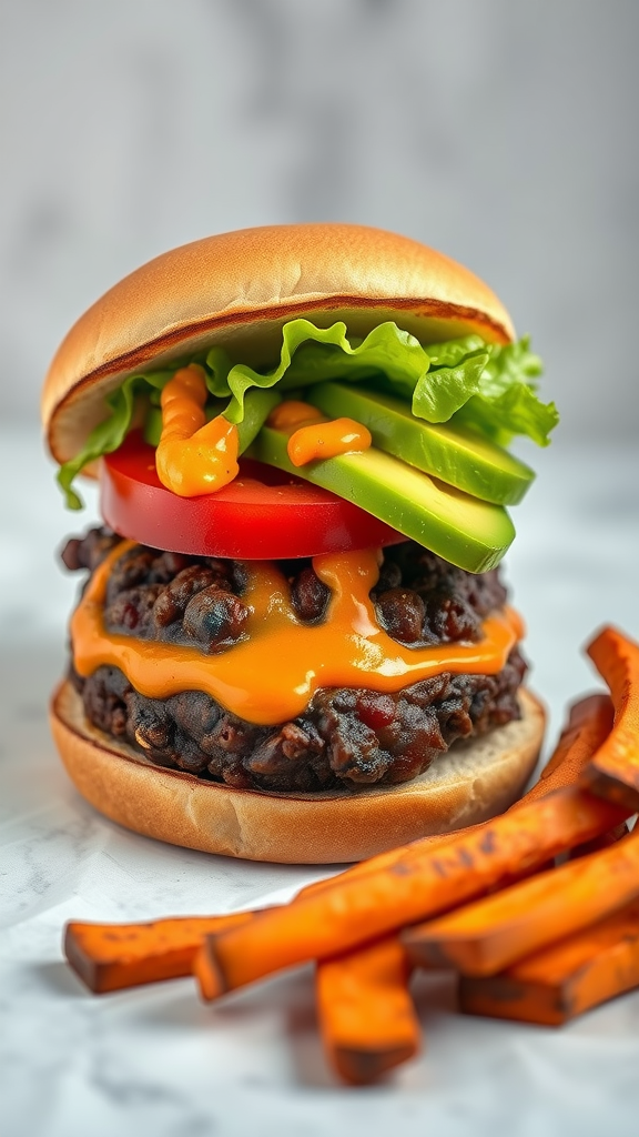 A delicious Spicy Black Bean Burger topped with lettuce, tomato, and avocado, served with sweet potato fries.