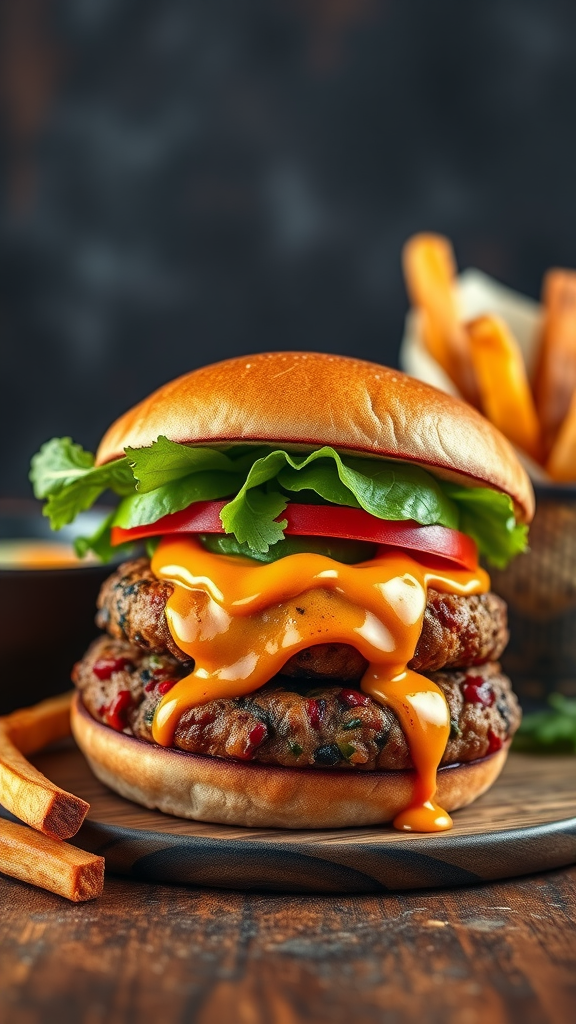 A delicious spicy black bean burger with lettuce, tomato, and melted cheese, served with fries.