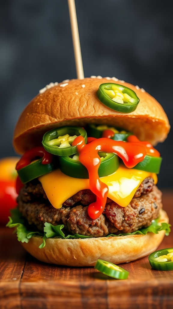 Delicious spicy black bean burger topped with cheese, jalapeños, and condiments