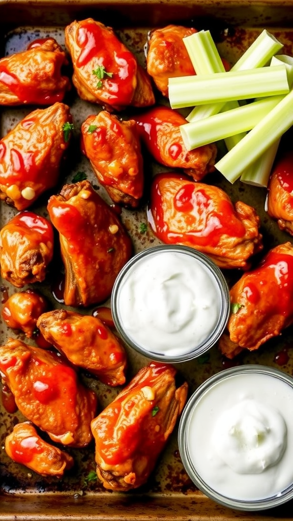 A tray of spicy chicken wings with sauce and celery sticks