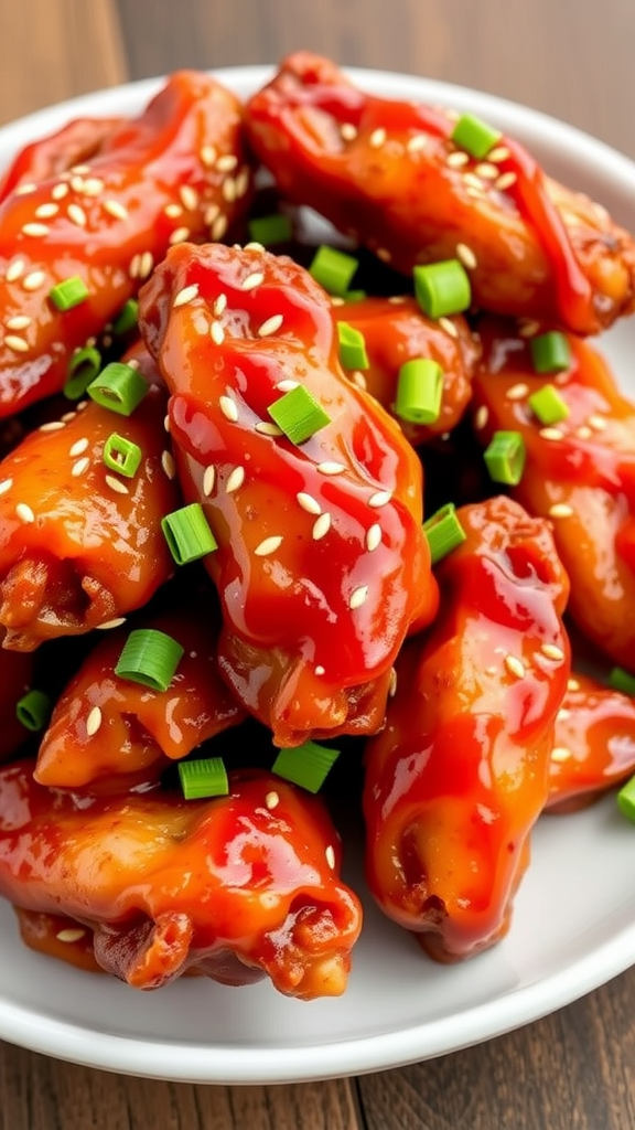 A plate of spicy chicken wings drizzled with sauce and garnished with green onions