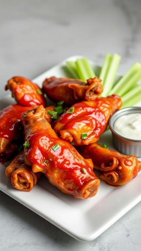 A plate of spicy chicken wings with a bright red glaze served with celery sticks and ranch dressing.