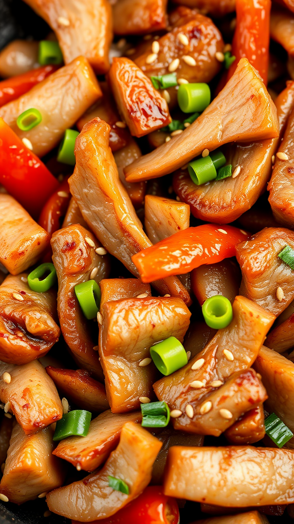 A close-up shot of spicy Korean pork bulgogi with colorful vegetables.