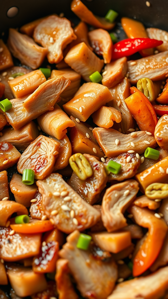 A close-up view of spicy Korean pork bulgogi with colorful vegetables and sesame seeds.