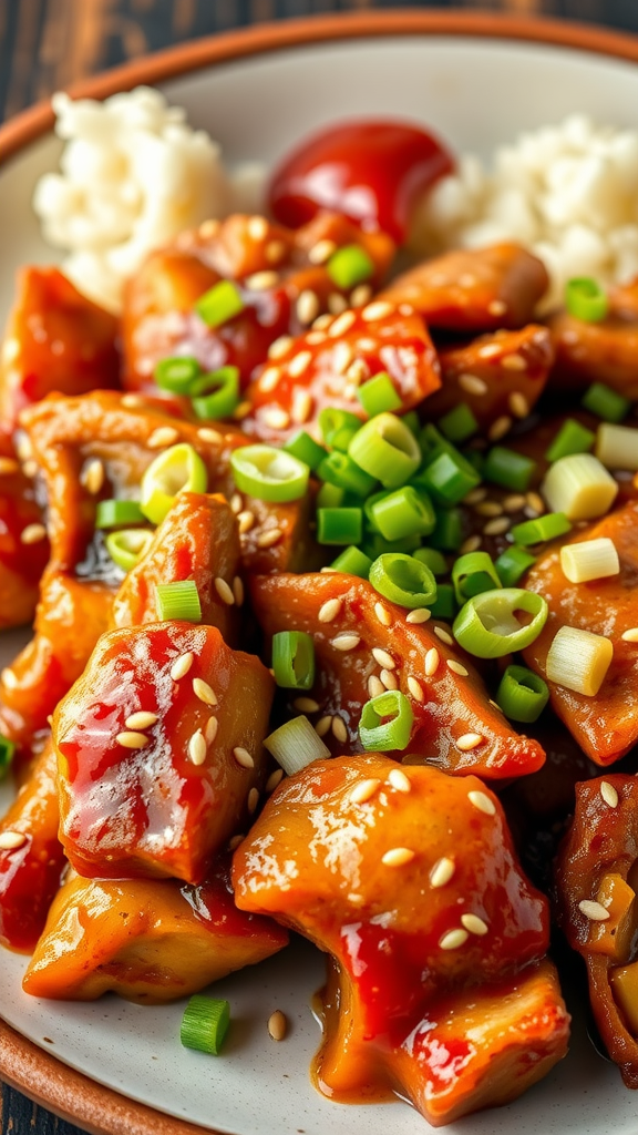 Spicy Korean Pork Bulgogi served with rice and garnished with green onions