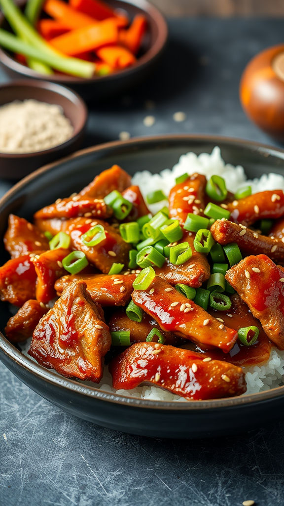 A bowl of Spicy Korean Pork Bulgogi with green onions and sesame seeds on top, served over rice with colorful vegetables on the side.