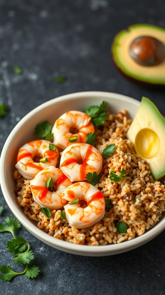 A colorful spicy shrimp grain bowl with avocado and cilantro.