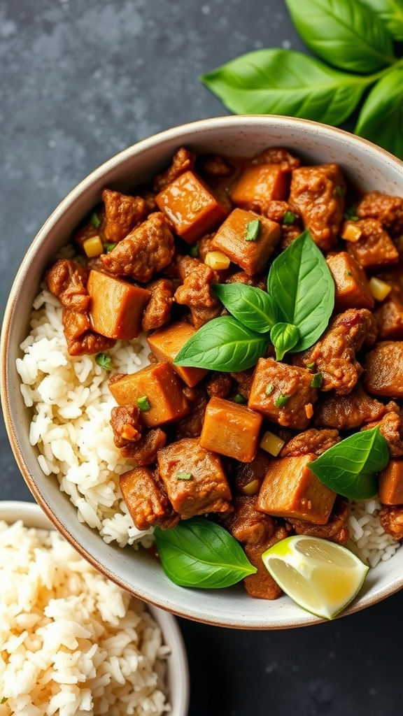 Bowl of Spicy Thai Basil Beef served over rice with fresh basil leaves