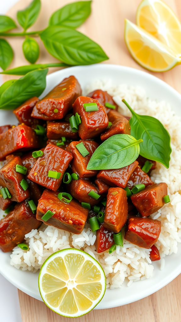 A bowl of Spicy Thai Basil Beef served over rice with fresh basil and lime.