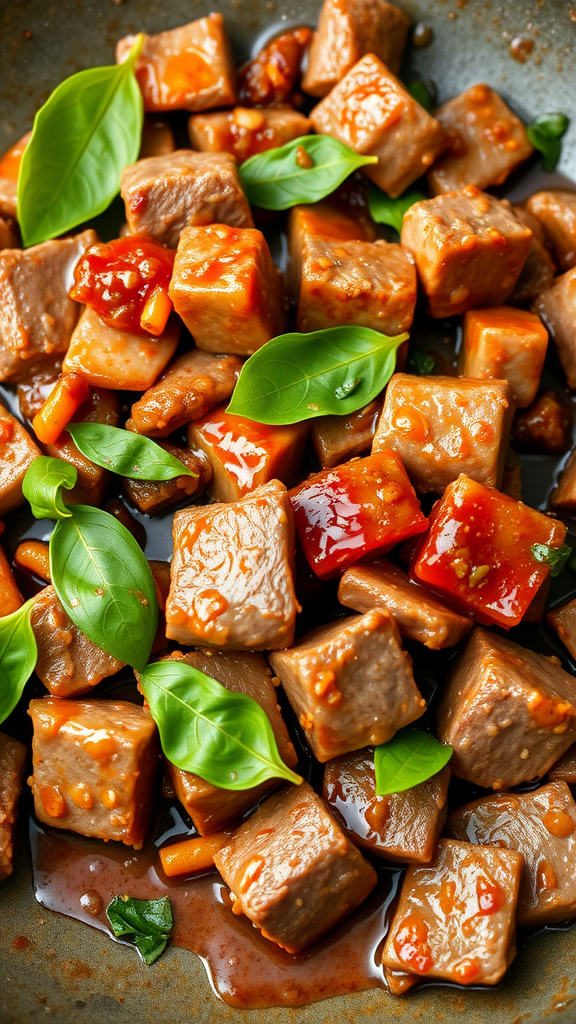 A delicious plate of Spicy Thai Basil Beef with fresh basil leaves and colorful sauce.