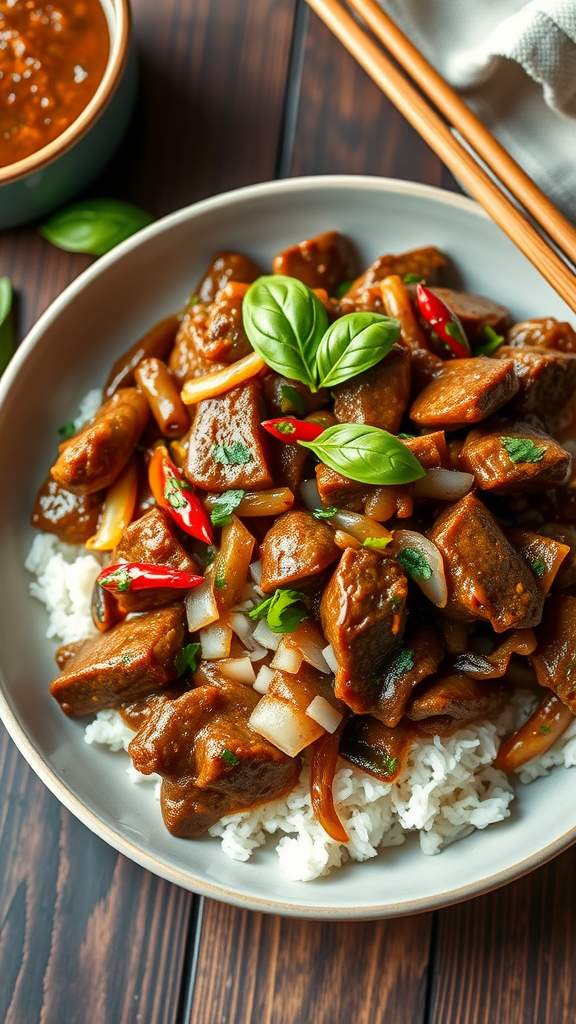 A plate of Spicy Thai Basil Beef served over rice, garnished with fresh basil and red chilies.