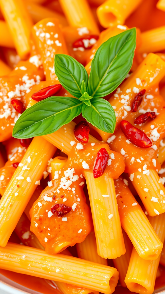 A close-up of rigatoni pasta smothered in spicy vodka sauce, garnished with basil and chili flakes.