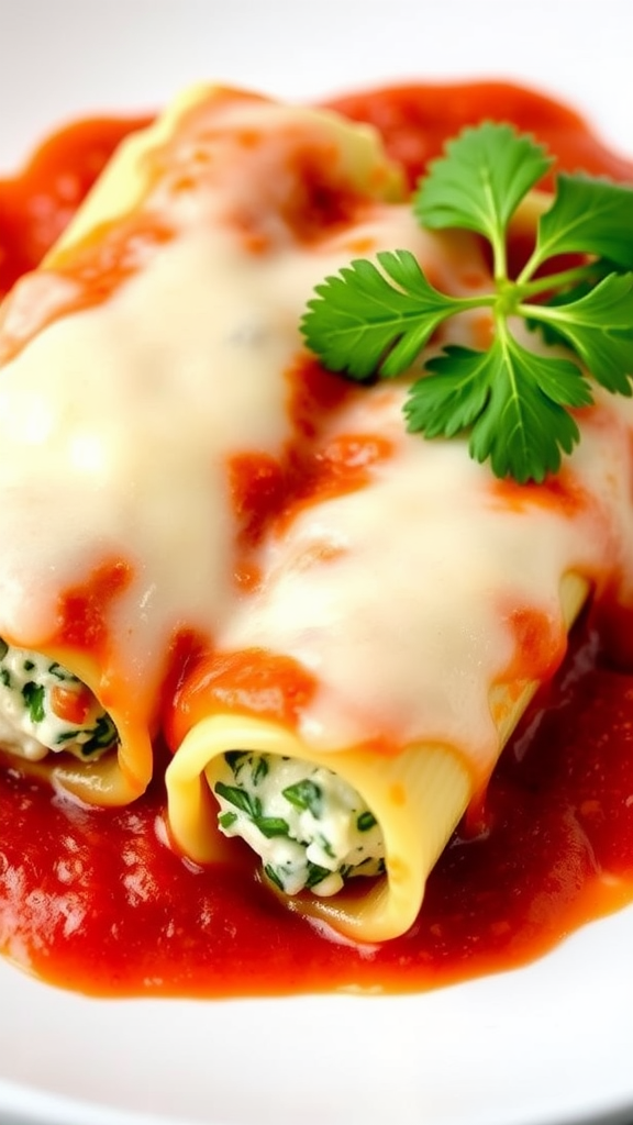Plate of spinach and cheese manicotti in tomato sauce