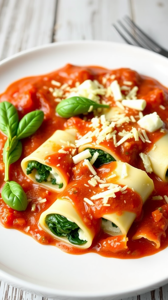 A plate of Spinach and Cheese Manicotti topped with tomato sauce and basil