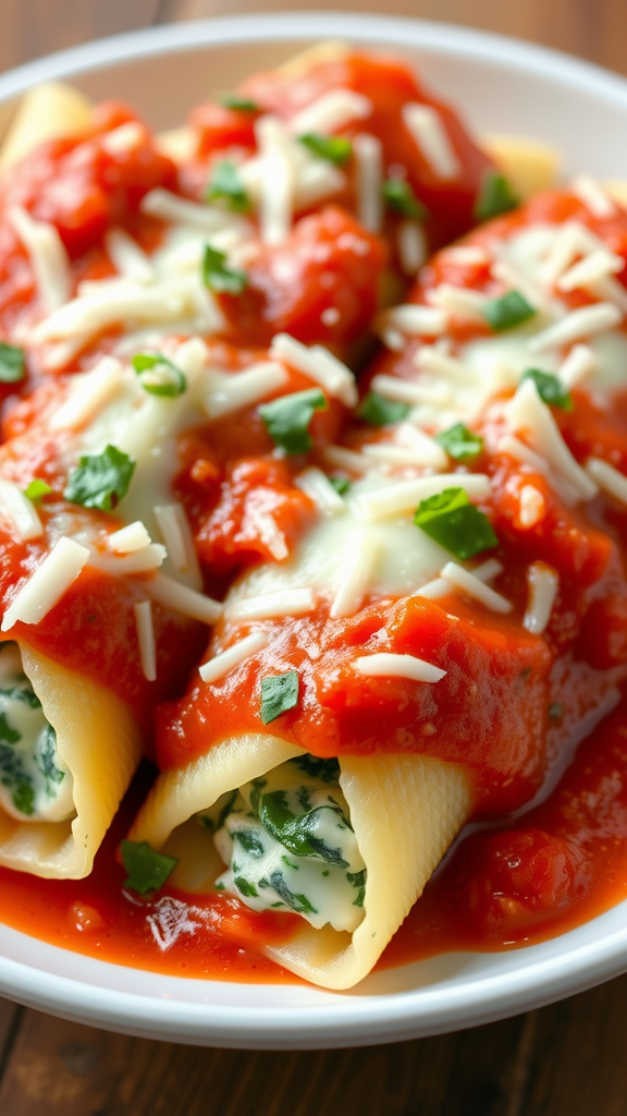 A plate of spinach and cheese manicotti topped with marinara sauce and shredded cheese