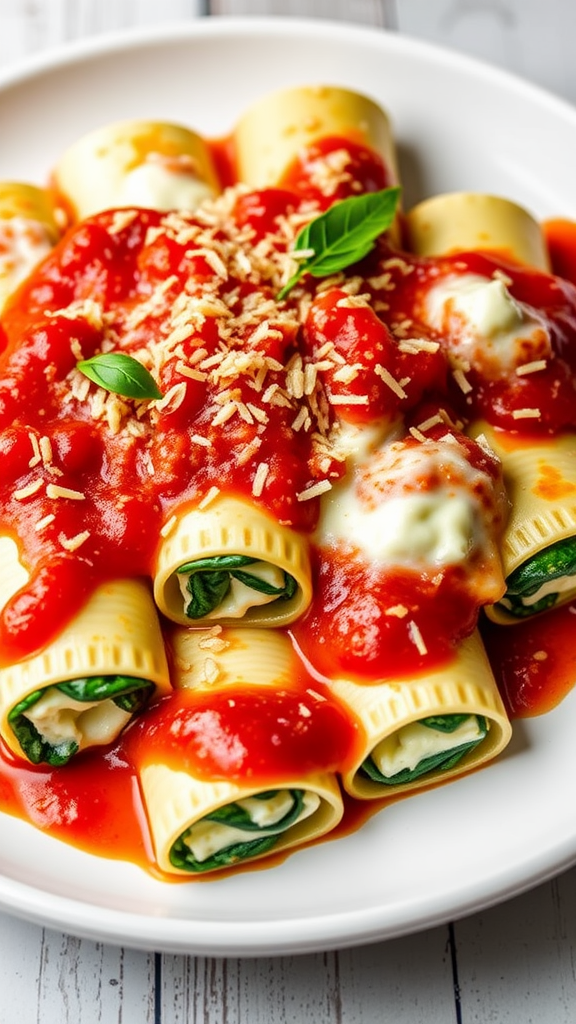 A plate of spinach and cheese manicotti topped with marinara sauce and fresh basil