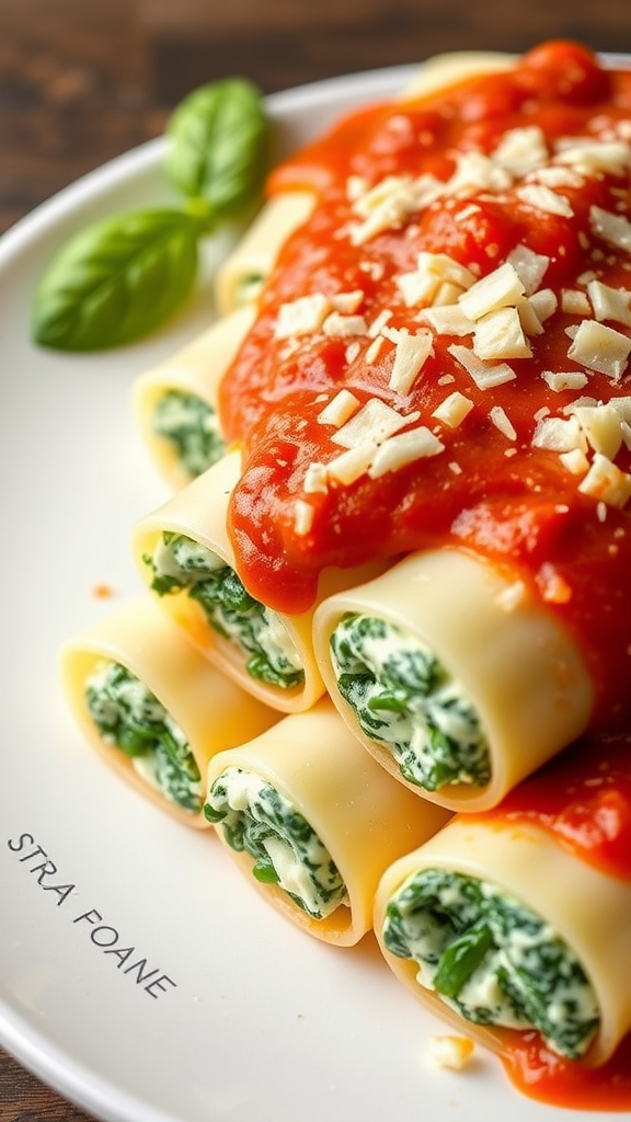 Plate of spinach and cheese manicotti topped with marinara sauce and cheese