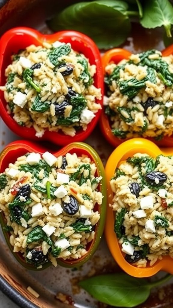 Four colorful stuffed peppers filled with spinach, feta, and orzo on a baking tray.