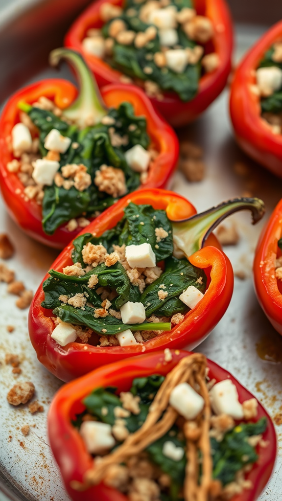 Close-up of spinach and feta stuffed red bell peppers