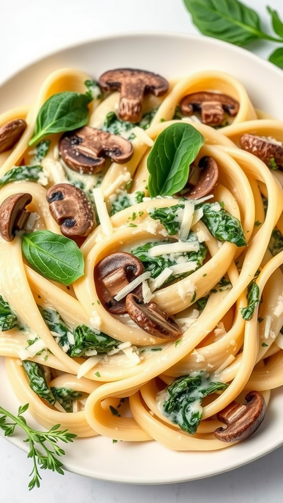 A delicious plate of spinach and mushroom pasta garnished with fresh spinach leaves and mushrooms.
