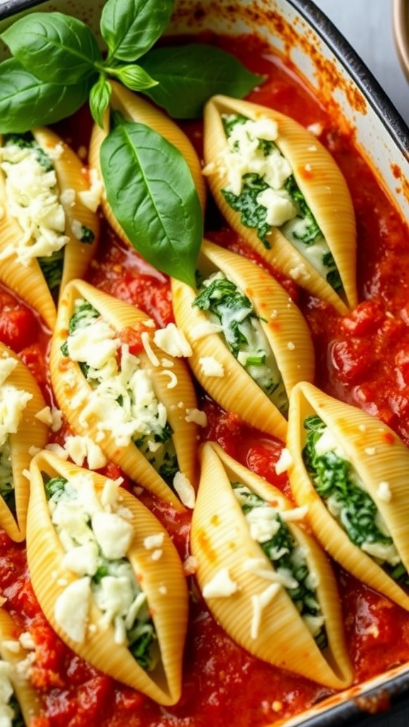 Spinach and ricotta stuffed pasta shells in marinara sauce, garnished with fresh basil.