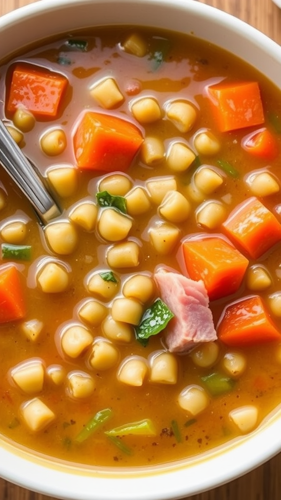 A bowl of split pea soup with carrots, peas, and ham