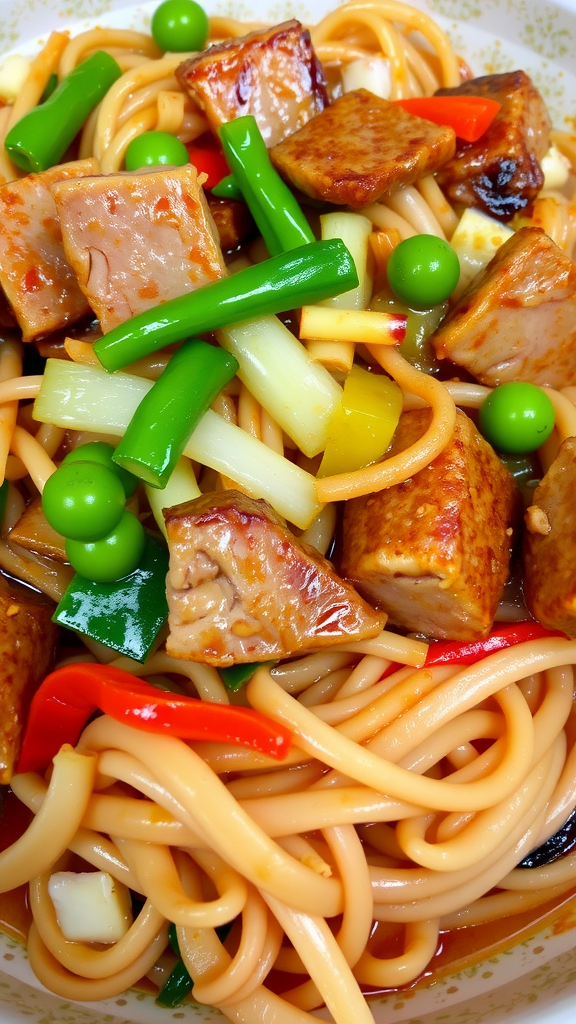 A vibrant plate of stir-fry noodles with vegetables and protein.