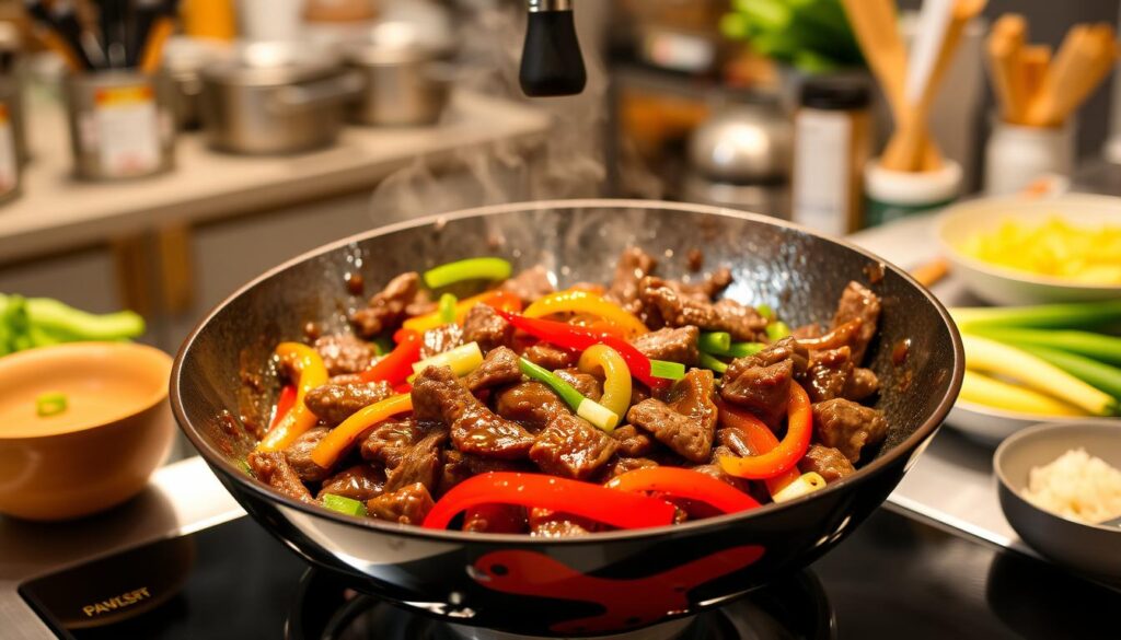 stir-frying Mongolian beef