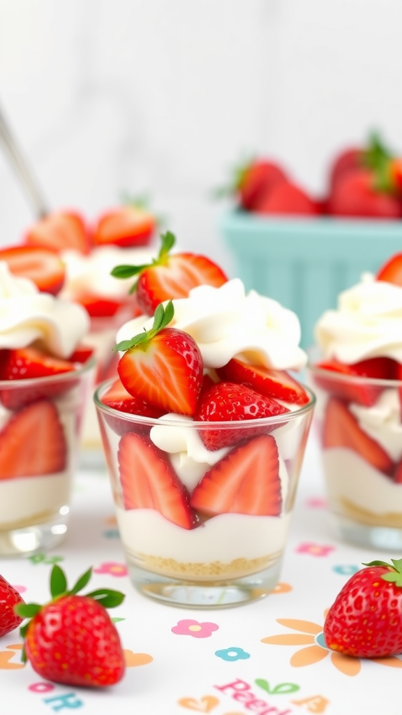 Strawberry shortcake cups with layers of cream and fresh strawberries