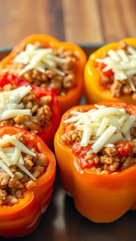 A close-up of stuffed bell peppers filled with meat and rice, topped with melted cheese.