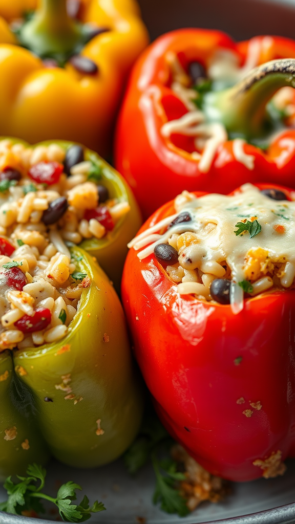 Colorful stuffed bell peppers filled with grains and beans, topped with cheese.