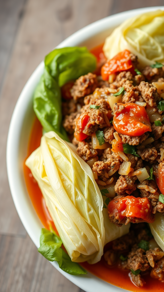 A bowl of stuffed cabbage rolls with meat filling and tomato sauce