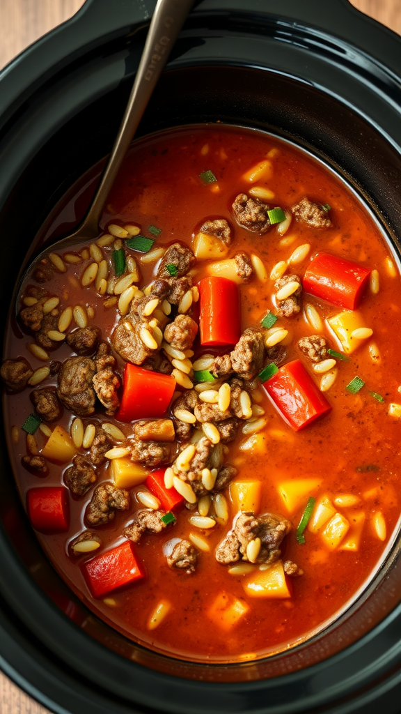 A close-up of stuffed pepper soup in a crockpot, with ground meat, red peppers, and orzo