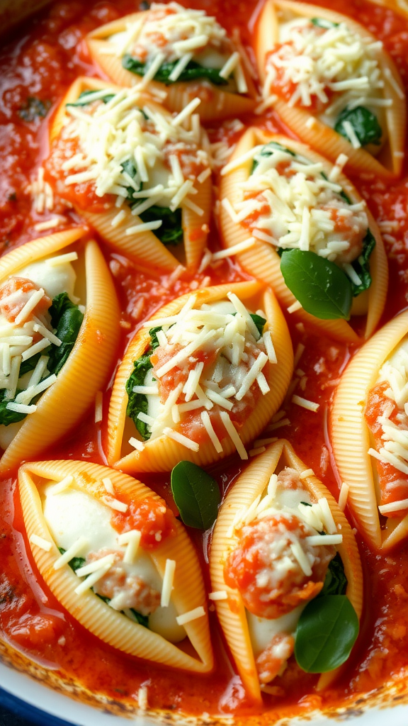 A close-up of stuffed pasta shells filled with ricotta and spinach, topped with marinara sauce and mozzarella cheese.