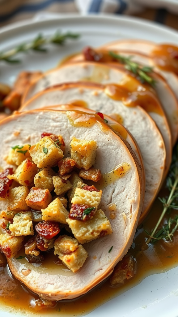 Sliced stuffed turkey breast with bread stuffing and sauce