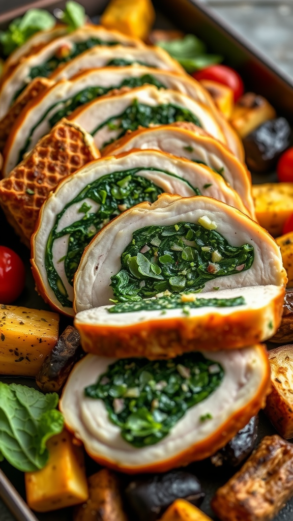 A sliced stuffed turkey breast with a spinach filling, served with roasted vegetables.
